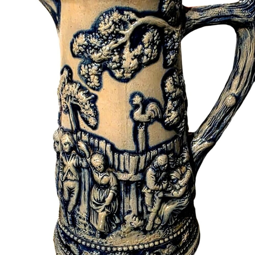 Antique Beer‎ Stein German Blue Stoneware Brewer's Bar Scene Salt Glaze 9 1/2"